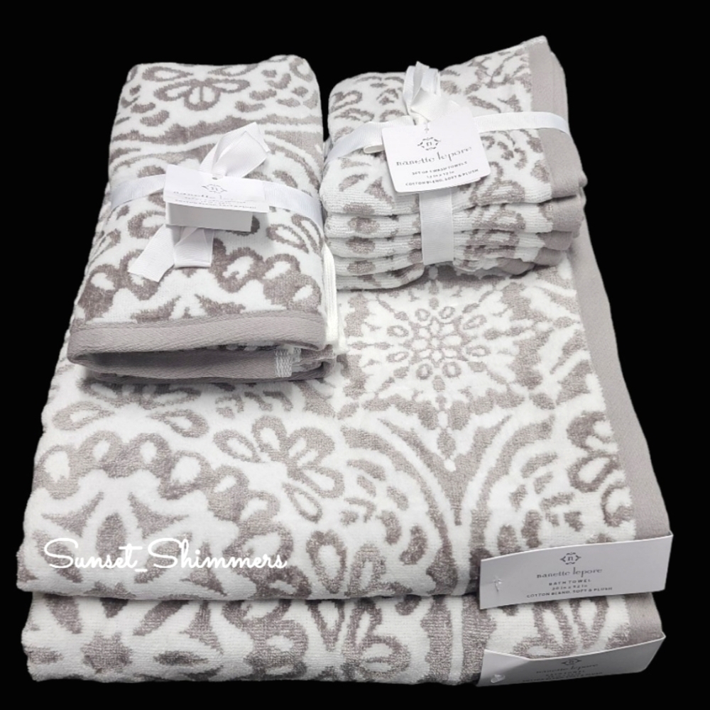 9pc Nanette Lapore Snowflake Damask Christmas Bath Hand Tip Towel Set New